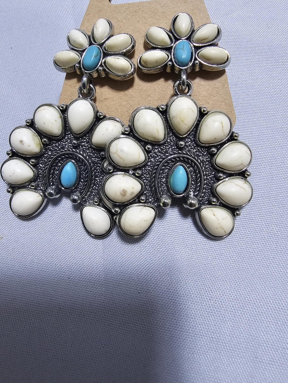 Cream and Turquoise Statement Drop Earrings - Women Jewelry
